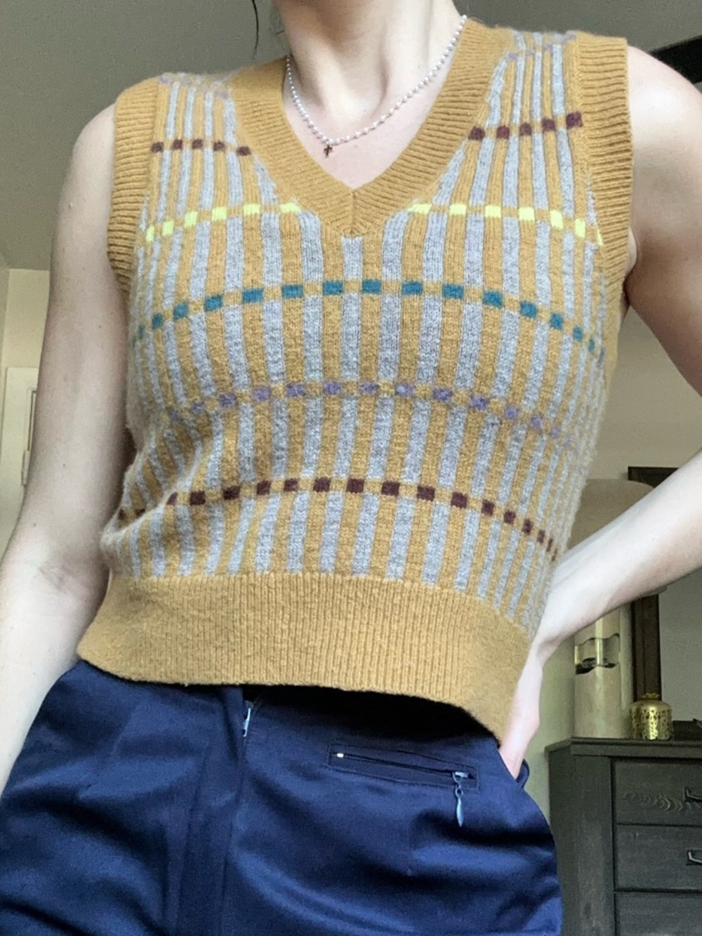 Madewell Wool Mustard and Gray Knit V-Neck Sweater Vest